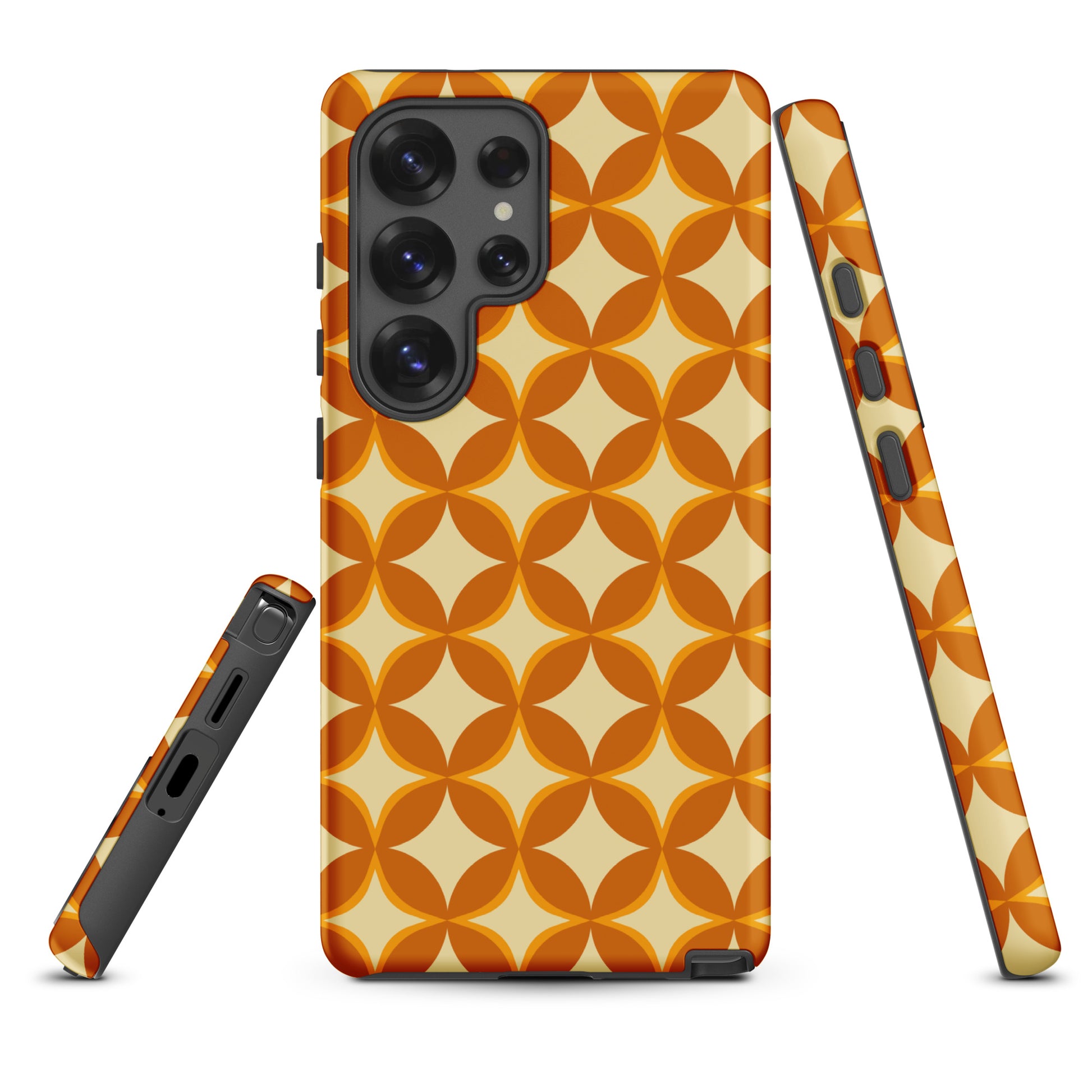 Protective Samsung Galaxy phone case featuring a 1970s retro geometric pattern of orange and mustard petal shapes.