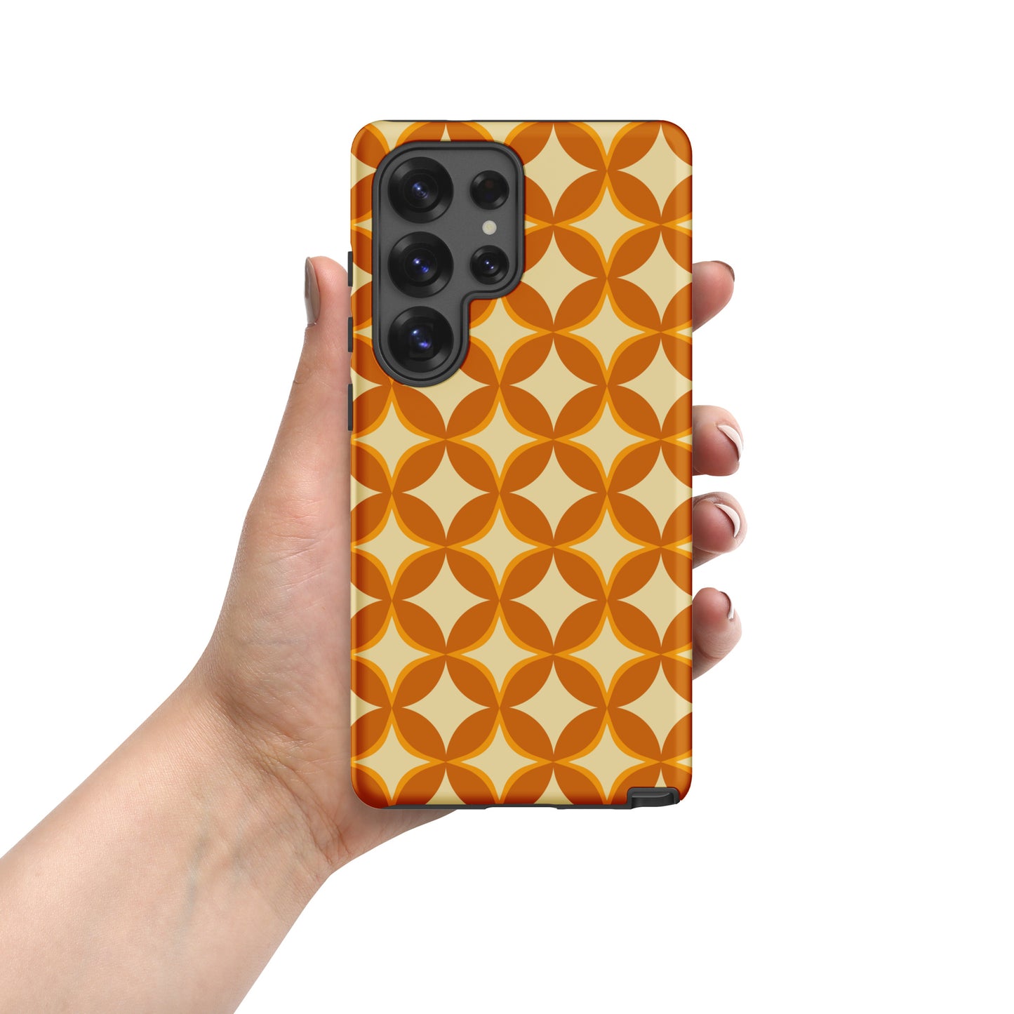 Protective Samsung Galaxy phone case featuring a 1970s retro geometric pattern of orange and mustard petal shapes.