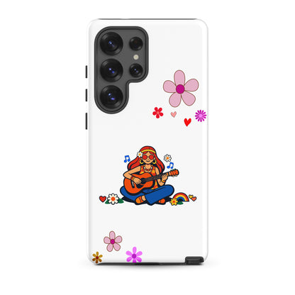 Retro illustration of a hippie girl with sunglasses playing guitar, featured on a protective Samsung Galaxy case design.