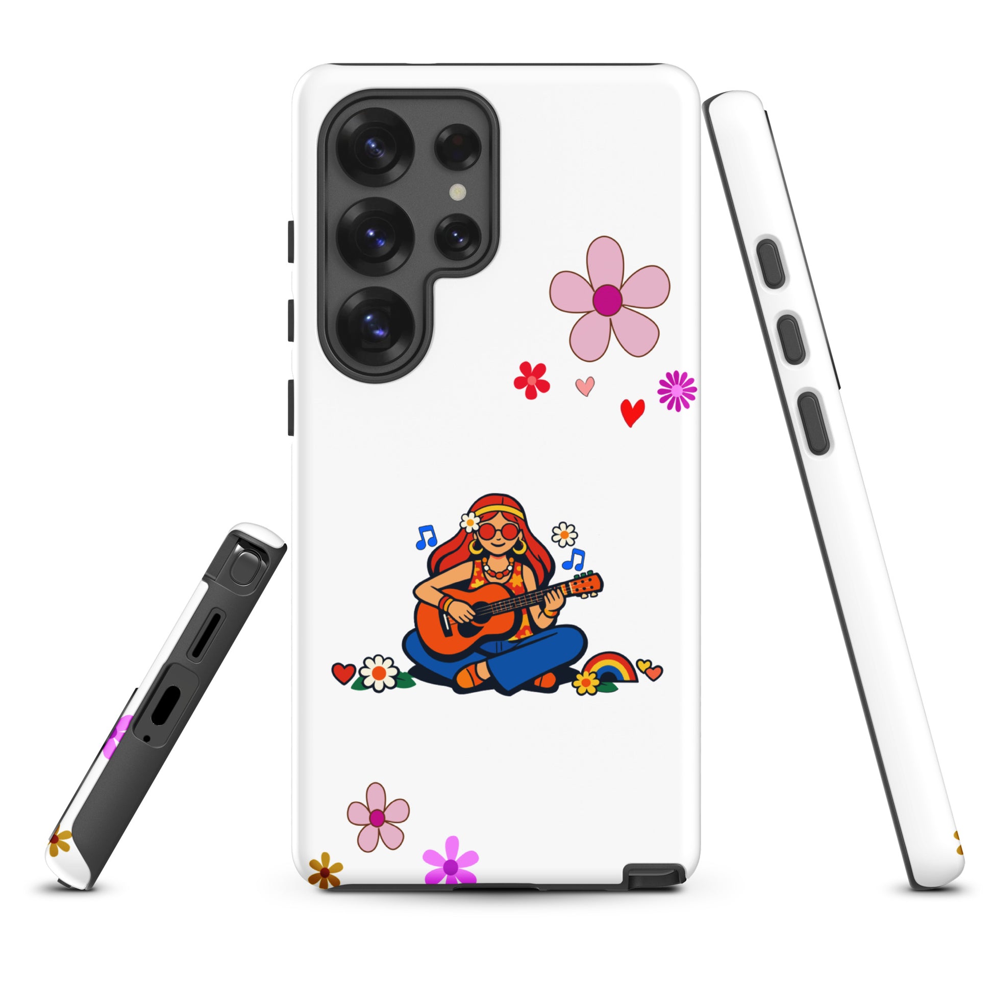 Retro illustration of a hippie girl with sunglasses playing guitar, featured on a protective Samsung Galaxy case design.