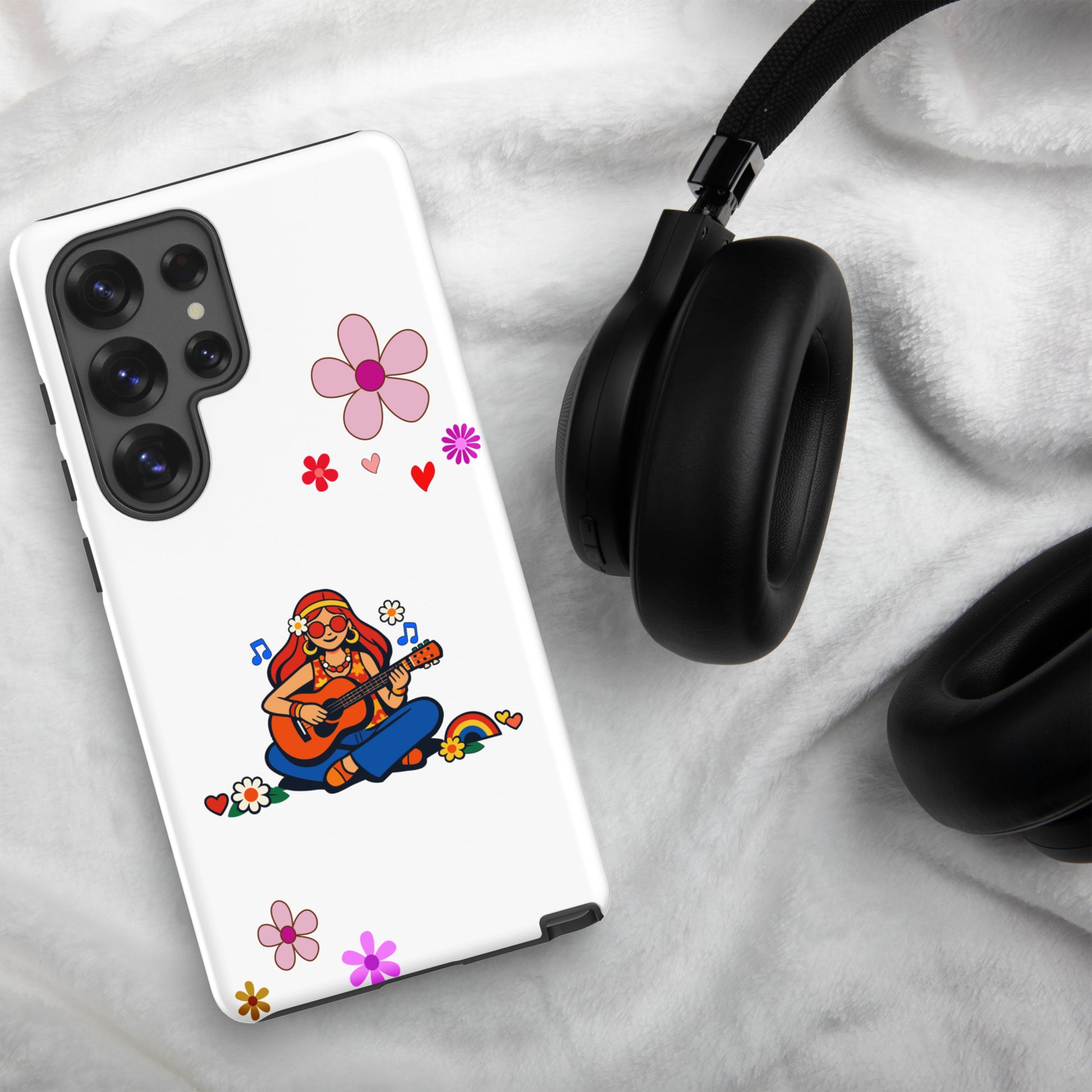Retro illustration of a hippie girl with sunglasses playing guitar, featured on a protective Samsung Galaxy case design.