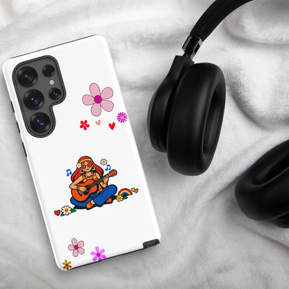 Retro illustration of a hippie girl with sunglasses playing guitar, featured on a protective Samsung Galaxy case design.