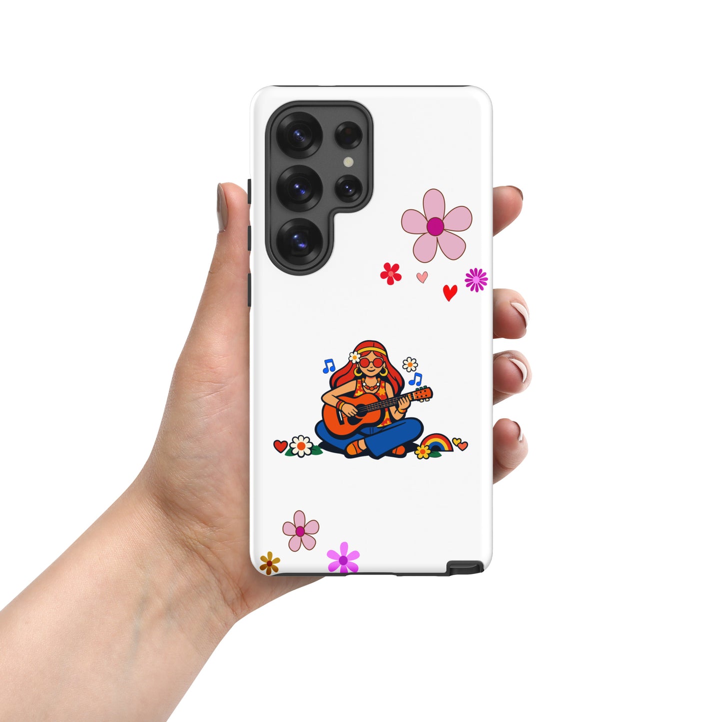 Retro illustration of a hippie girl with sunglasses playing guitar, featured on a protective Samsung Galaxy case design.