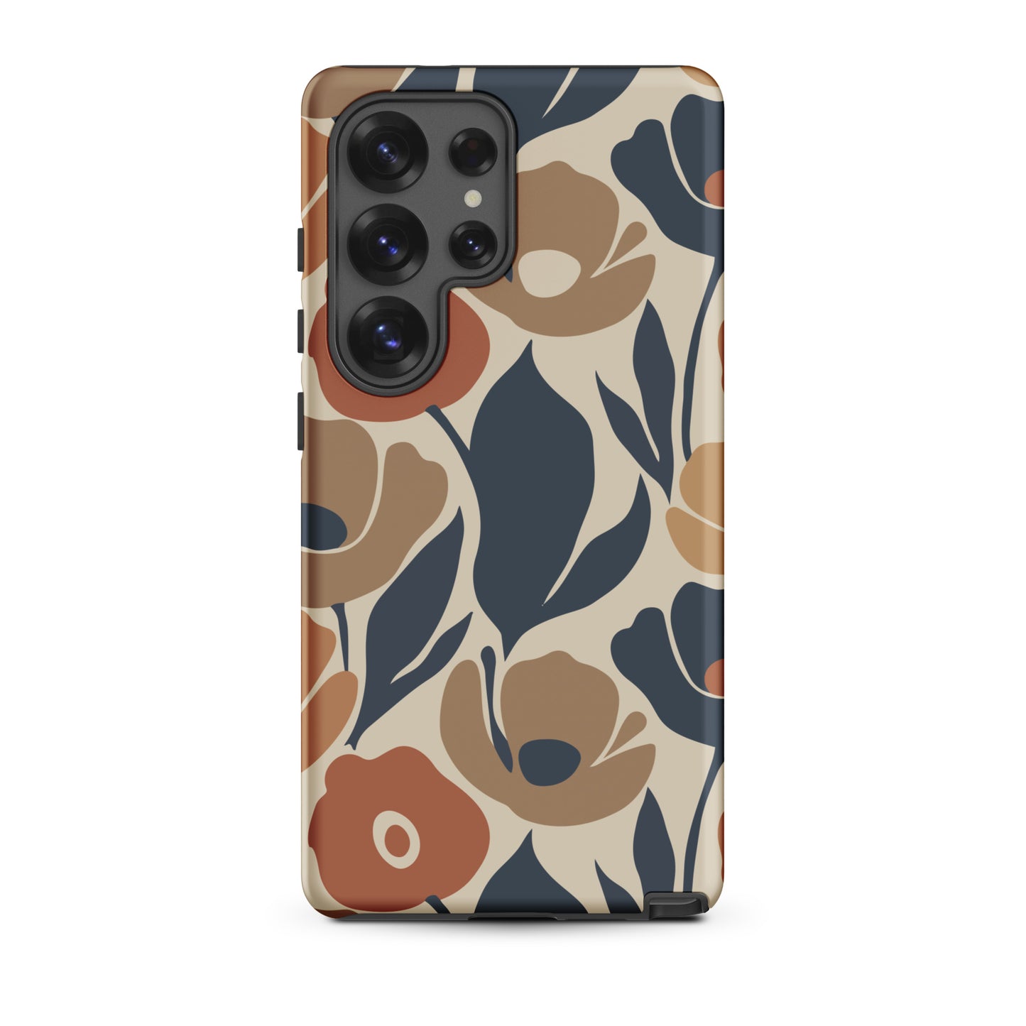 Protective TPU Samsung Galaxy case featuring a seamless retro floral print in terracotta, ochre, and deep navy blue.