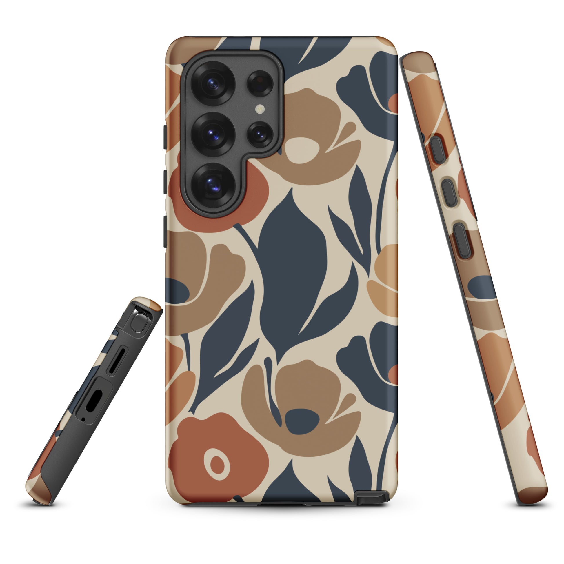 Protective TPU Samsung Galaxy case featuring a seamless retro floral print in terracotta, ochre, and deep navy blue.