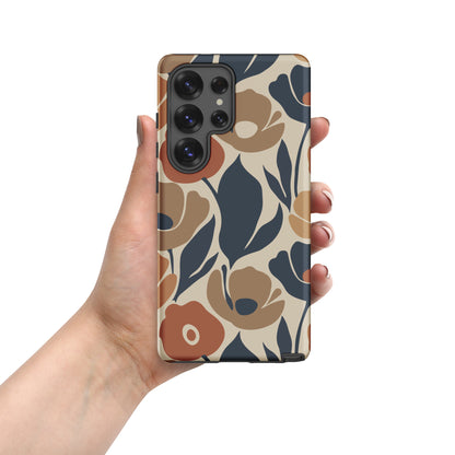 Protective TPU Samsung Galaxy case featuring a seamless retro floral print in terracotta, ochre, and deep navy blue.