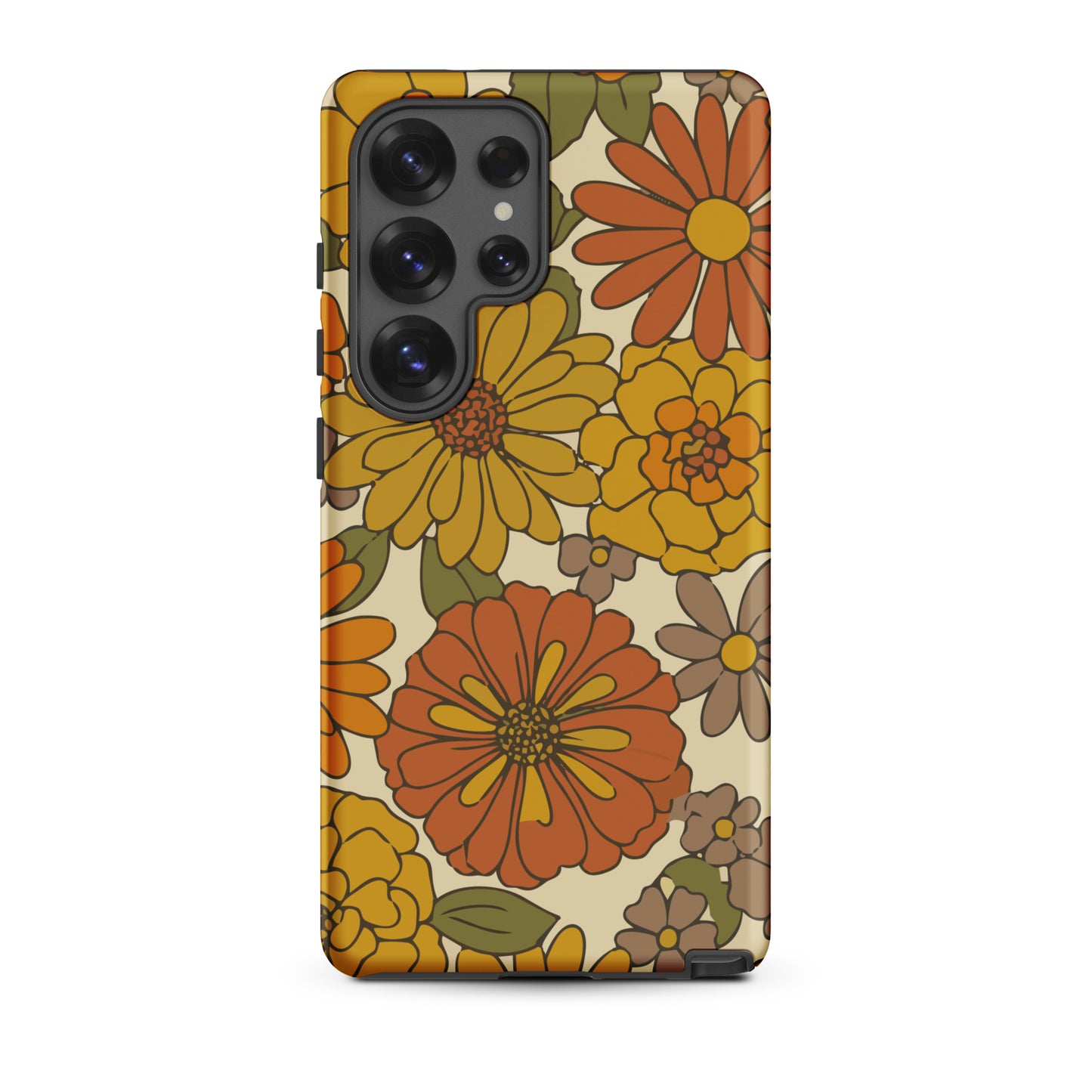A flexible TPU Samsung Galaxy case featuring a seamless retro groovy floral pattern with warm orange and yellow daisies.