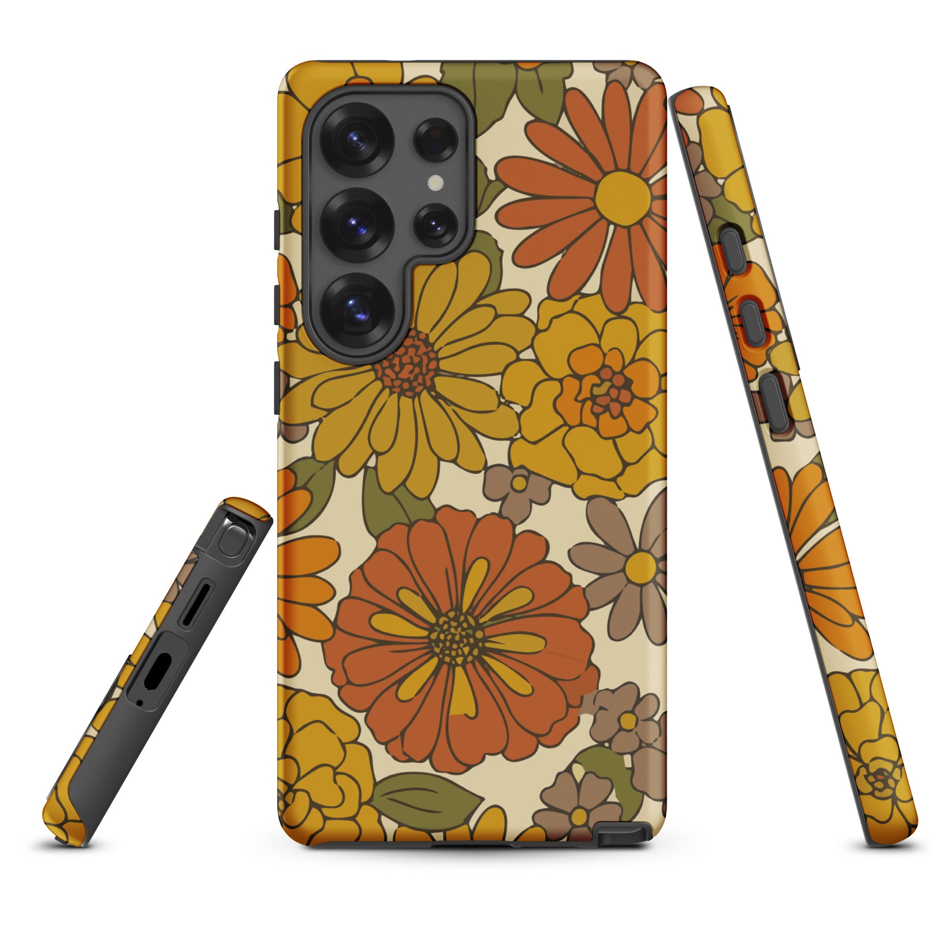 A flexible TPU Samsung Galaxy case featuring a seamless retro groovy floral pattern with warm orange and yellow daisies.