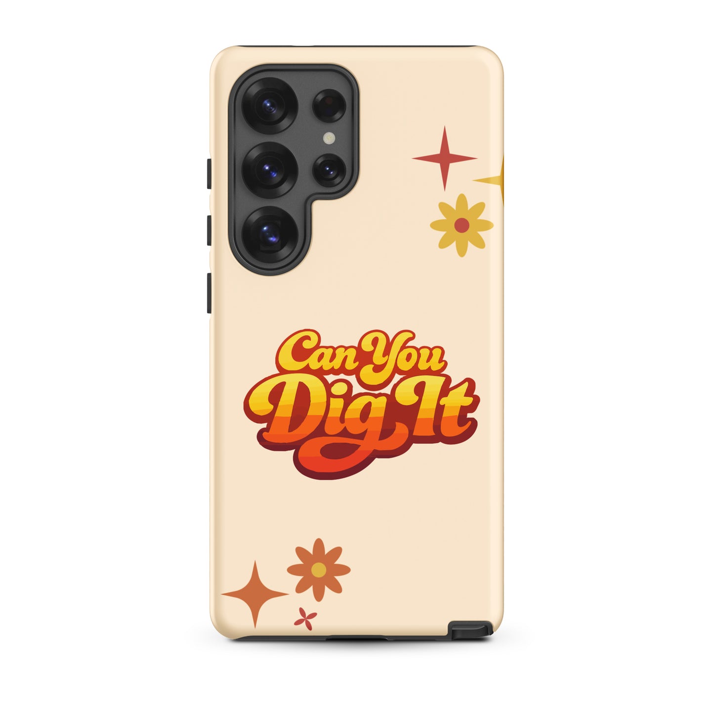 Retro 70s style typography reading Can You Dig It in sunset orange and yellow gradient on a black Samsung Galaxy case.