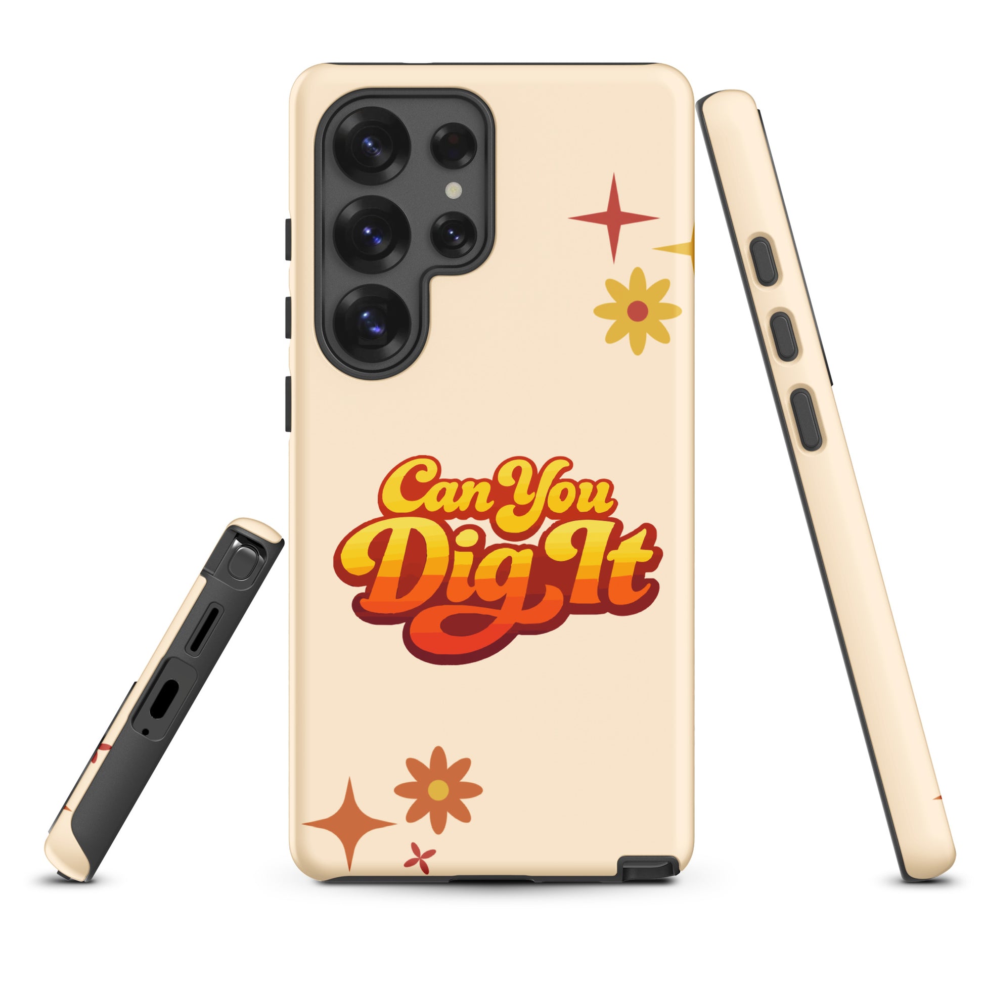 Retro 70s style typography reading Can You Dig It in sunset orange and yellow gradient on a black Samsung Galaxy case.