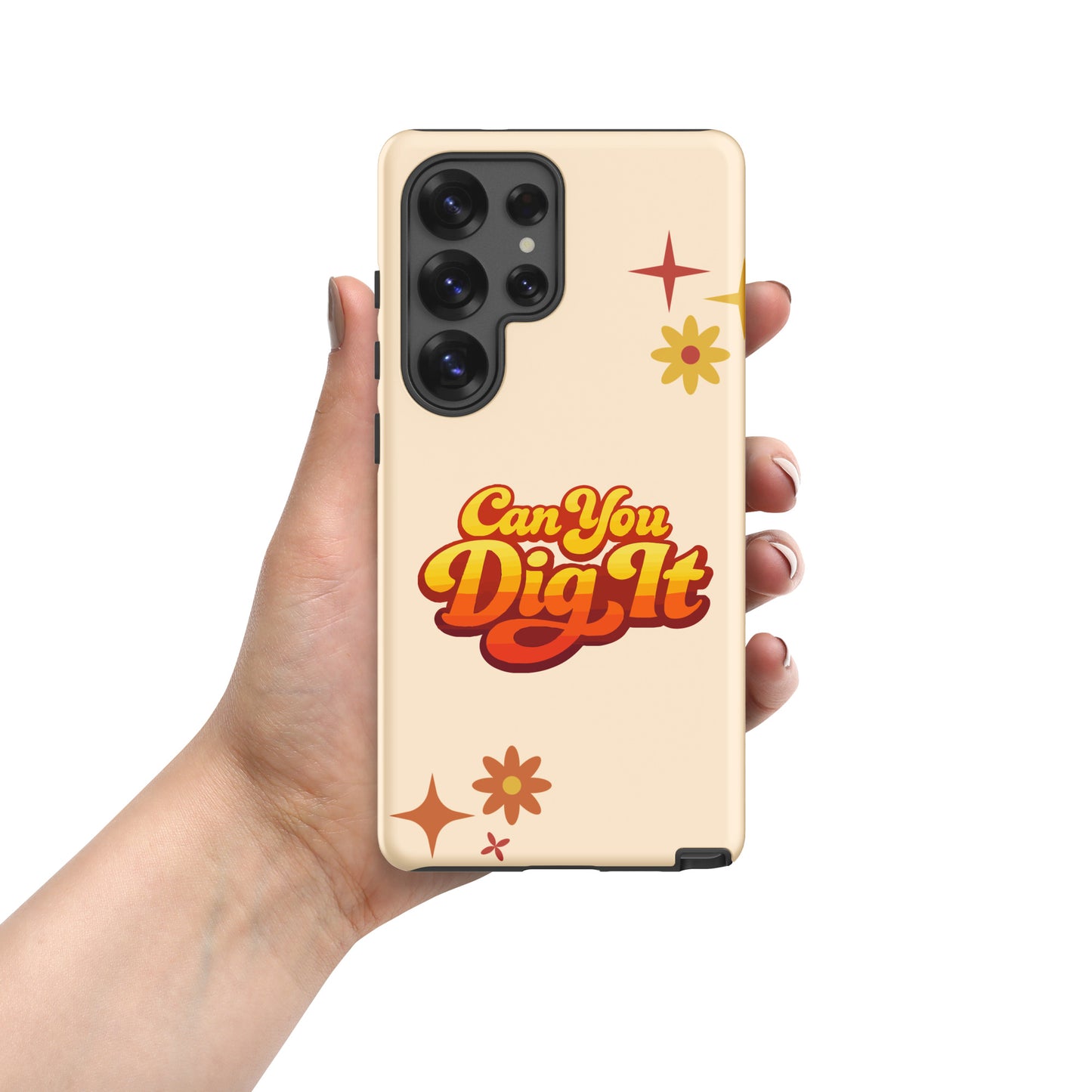 Retro 70s style typography reading Can You Dig It in sunset orange and yellow gradient on a black Samsung Galaxy case.