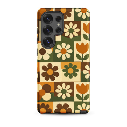 TPU Samsung Galaxy case featuring a 1970s retro floral tile pattern in orange and green by Far Out Goods.