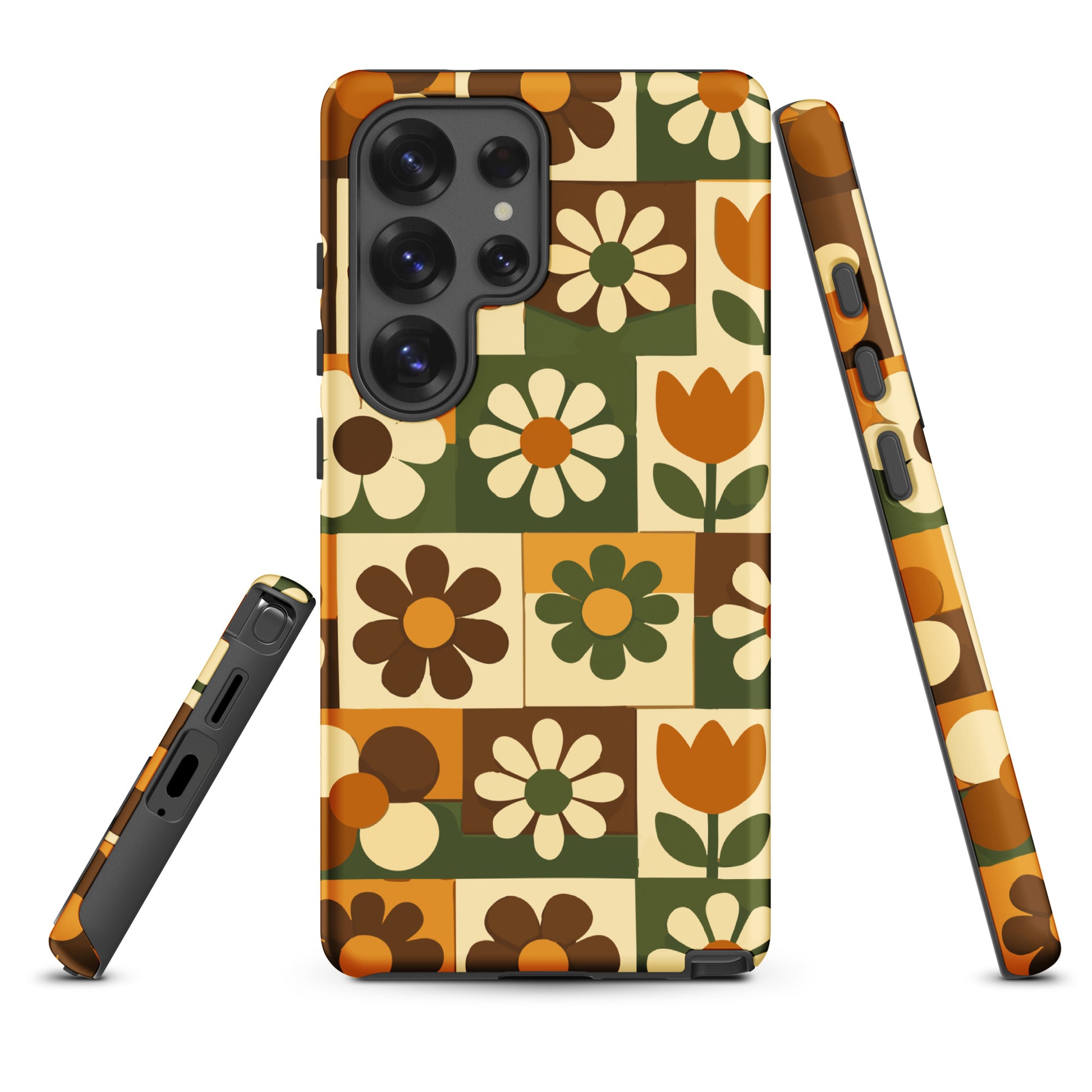 TPU Samsung Galaxy case featuring a 1970s retro floral tile pattern in orange and green by Far Out Goods.