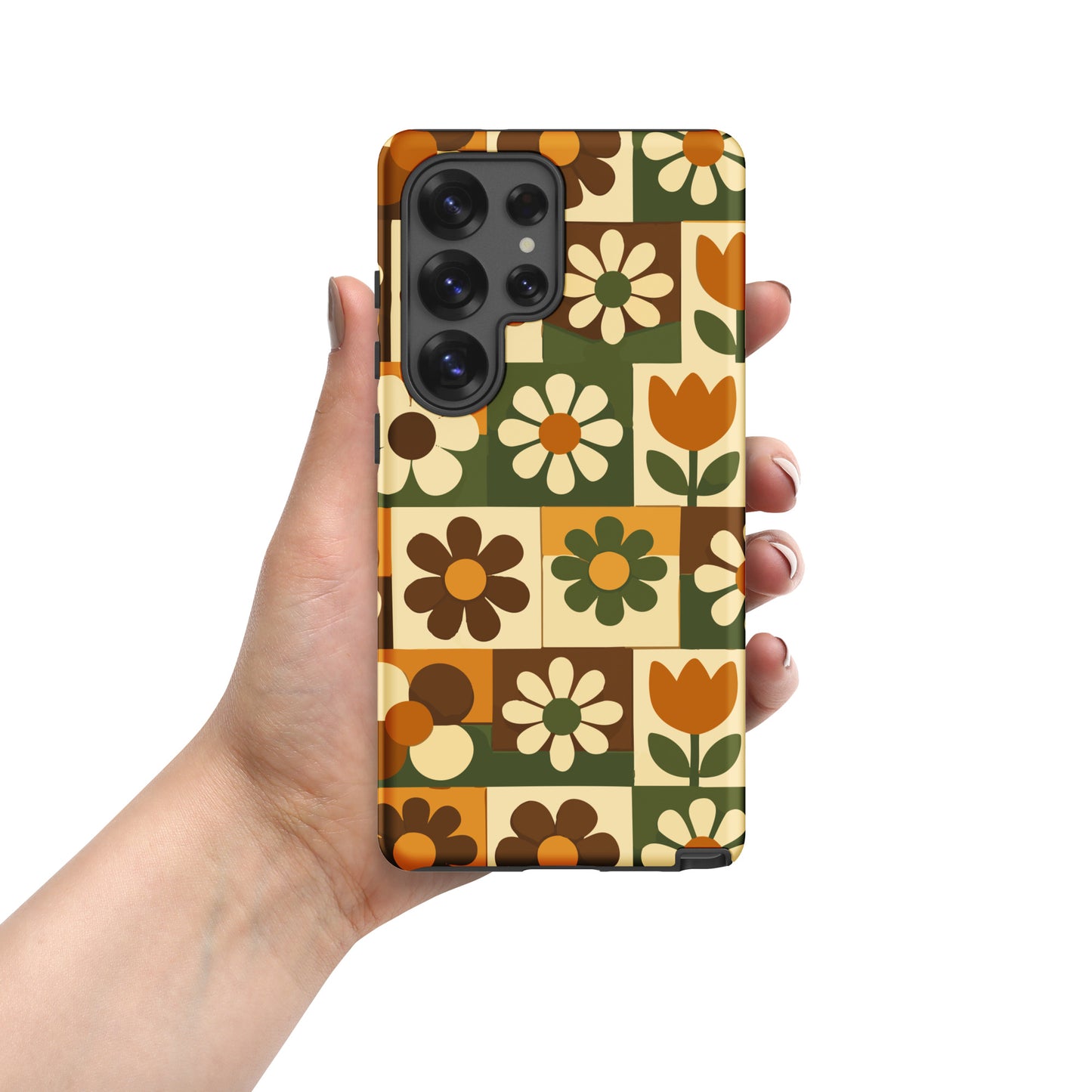 TPU Samsung Galaxy case featuring a 1970s retro floral tile pattern in orange and green by Far Out Goods.
