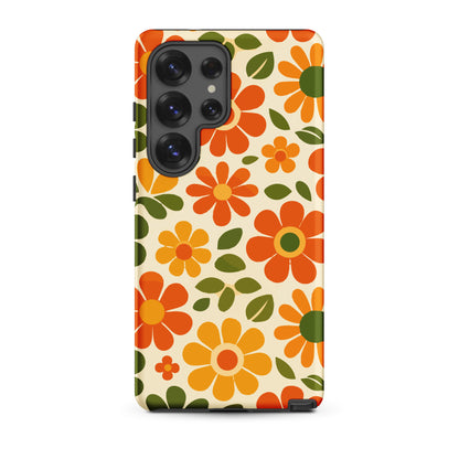 Groovy 1970s retro flower power pattern on a protective thermoplastic polyurethane TPU Samsung Galaxy case with orange daisies.