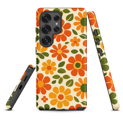 Groovy 1970s retro flower power pattern on a protective thermoplastic polyurethane TPU Samsung Galaxy case with orange daisies.