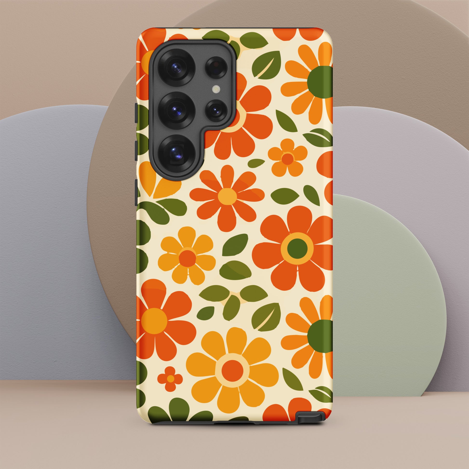 Groovy 1970s retro flower power pattern on a protective thermoplastic polyurethane TPU Samsung Galaxy case with orange daisies.