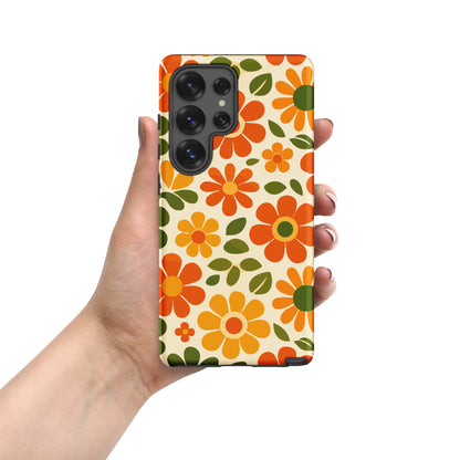 Groovy 1970s retro flower power pattern on a protective thermoplastic polyurethane TPU Samsung Galaxy case with orange daisies.