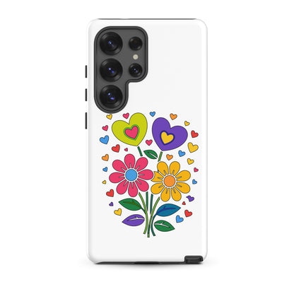 Retro 70s psychedelic flower power bouquet with vibrant pink and yellow daisies and hearts. faroutgoods.