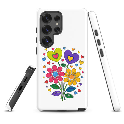 Retro 70s psychedelic flower power bouquet with vibrant pink and yellow daisies and hearts. faroutgoods.