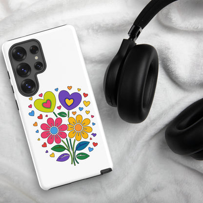 Retro 70s psychedelic flower power bouquet with vibrant pink and yellow daisies and hearts. faroutgoods.
