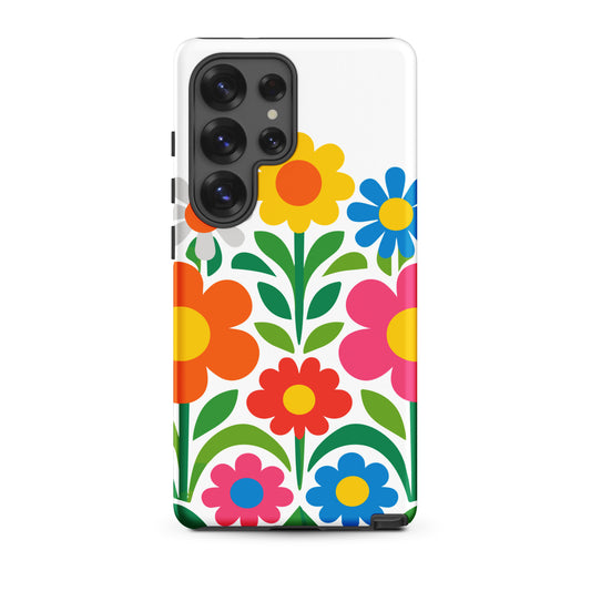 Vibrant 70s style retro flower power design with colorful daisies and hearts on a protective TPU Samsung Galaxy case.