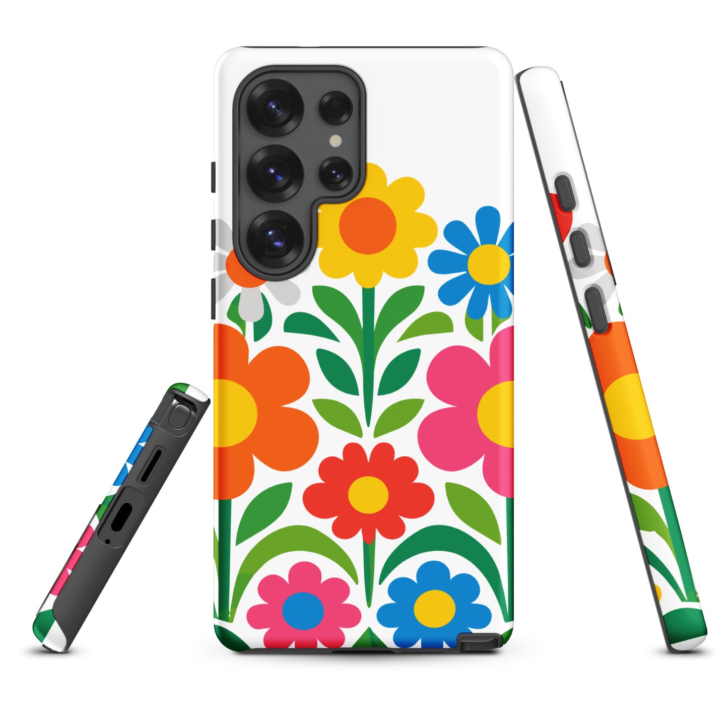 Vibrant 70s style retro flower power design with colorful daisies and hearts on a protective TPU Samsung Galaxy case.