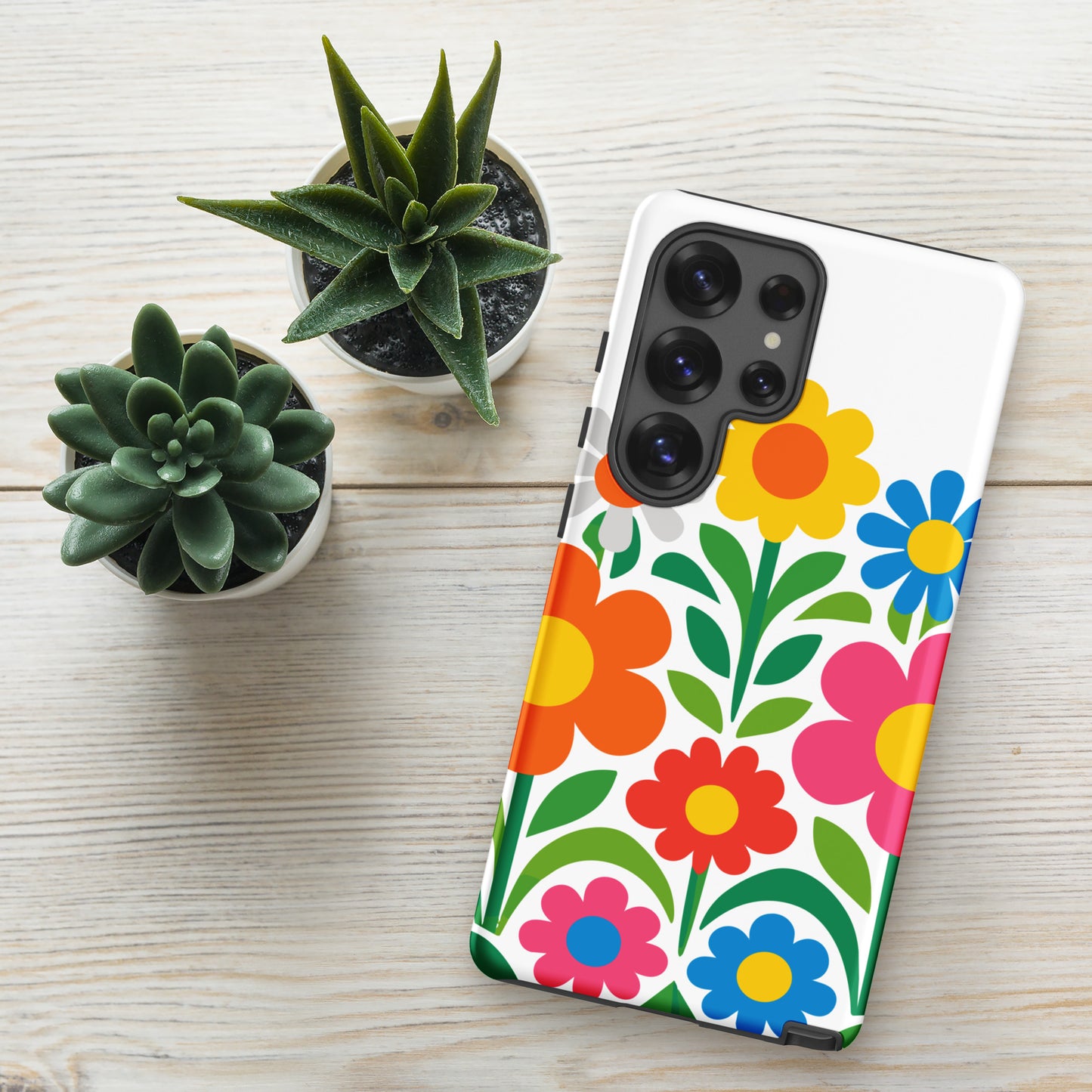 Vibrant 70s style retro flower power design with colorful daisies and hearts on a protective TPU Samsung Galaxy case.