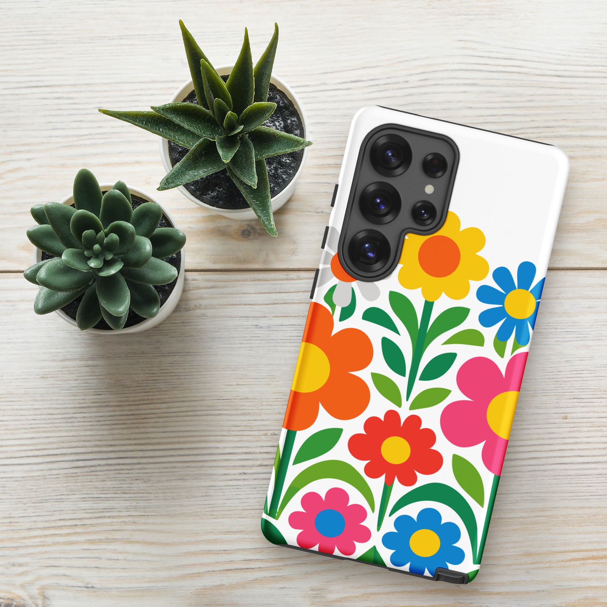 Vibrant 70s style retro flower power design with colorful daisies and hearts on a protective TPU Samsung Galaxy case.
