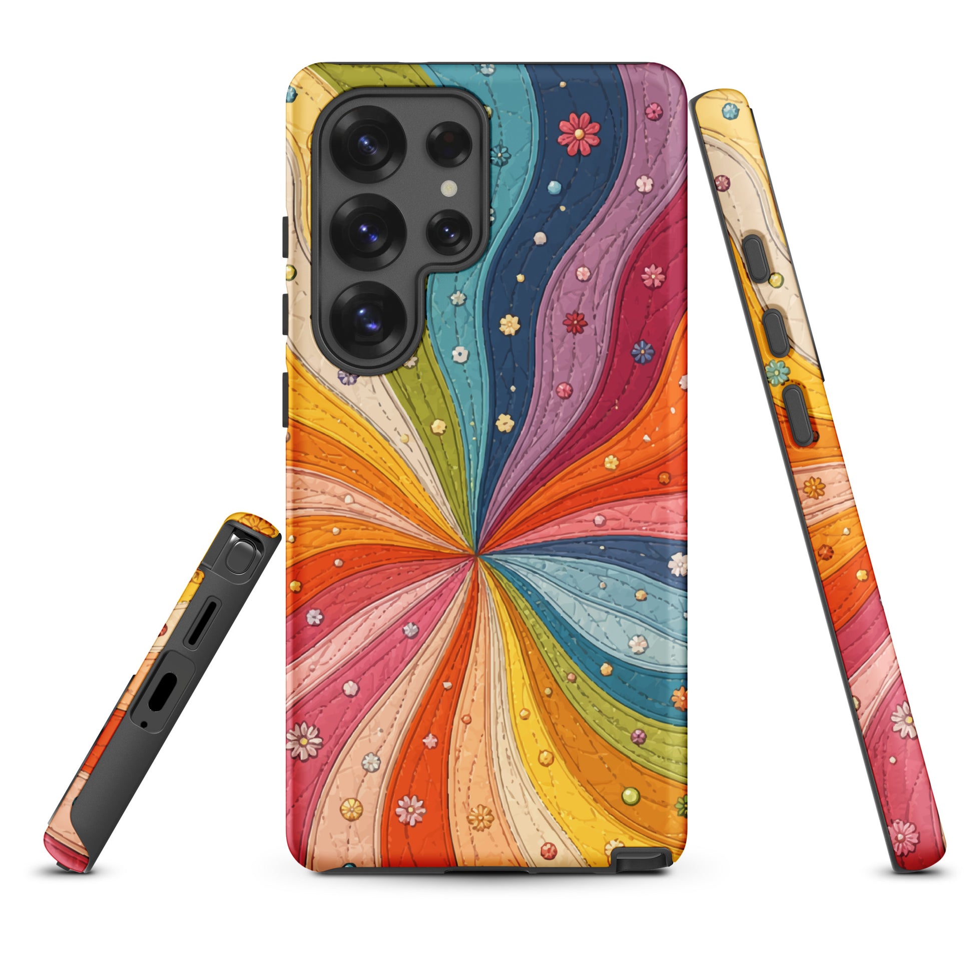 Flexible TPU Samsung Galaxy case featuring a vibrant retro 70s quilted rainbow swirl design with stitching and tiny flowers.