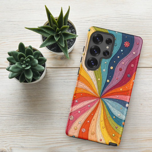 Flexible TPU Samsung Galaxy case featuring a vibrant retro 70s quilted rainbow swirl design with stitching and tiny flowers.