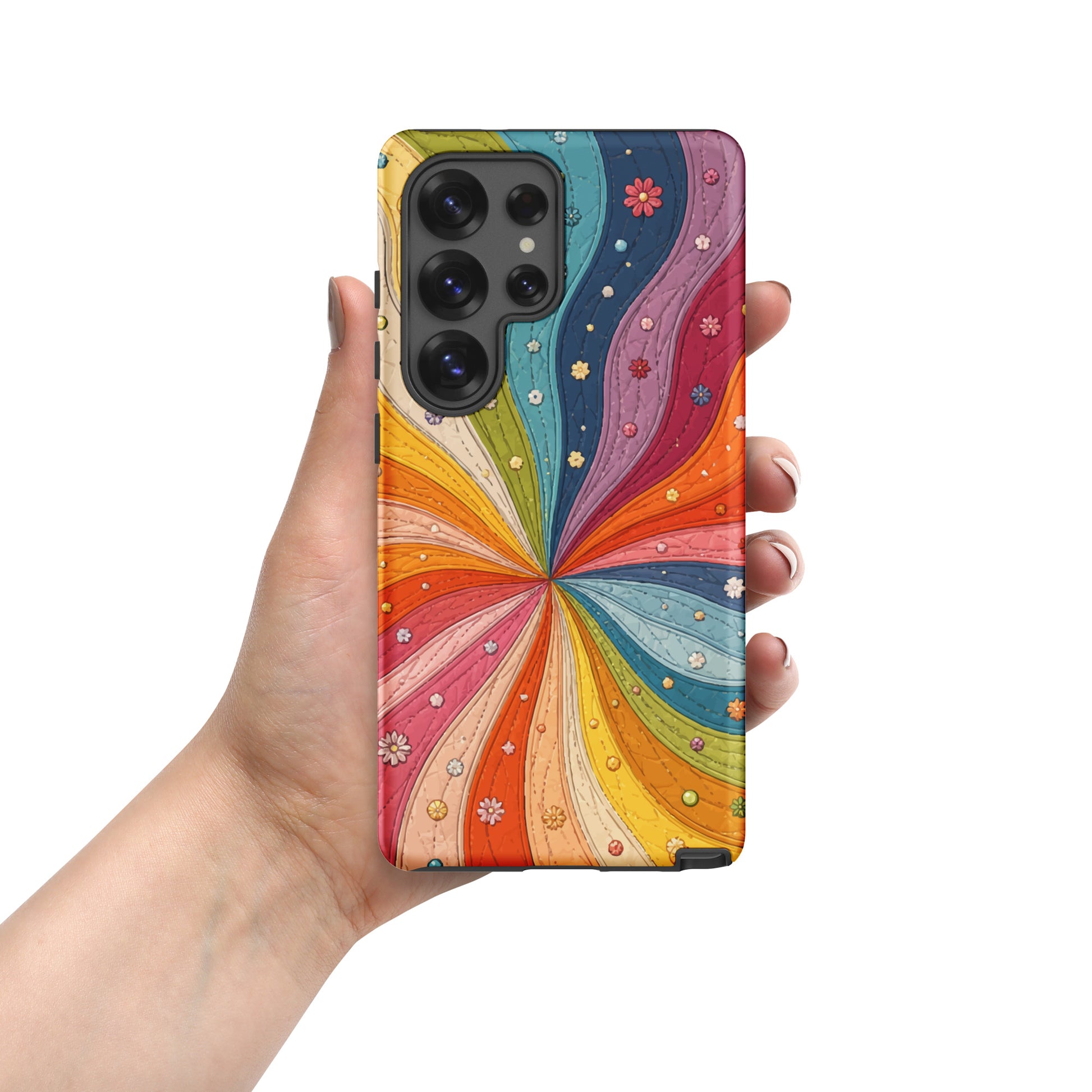 Flexible TPU Samsung Galaxy case featuring a vibrant retro 70s quilted rainbow swirl design with stitching and tiny flowers.
