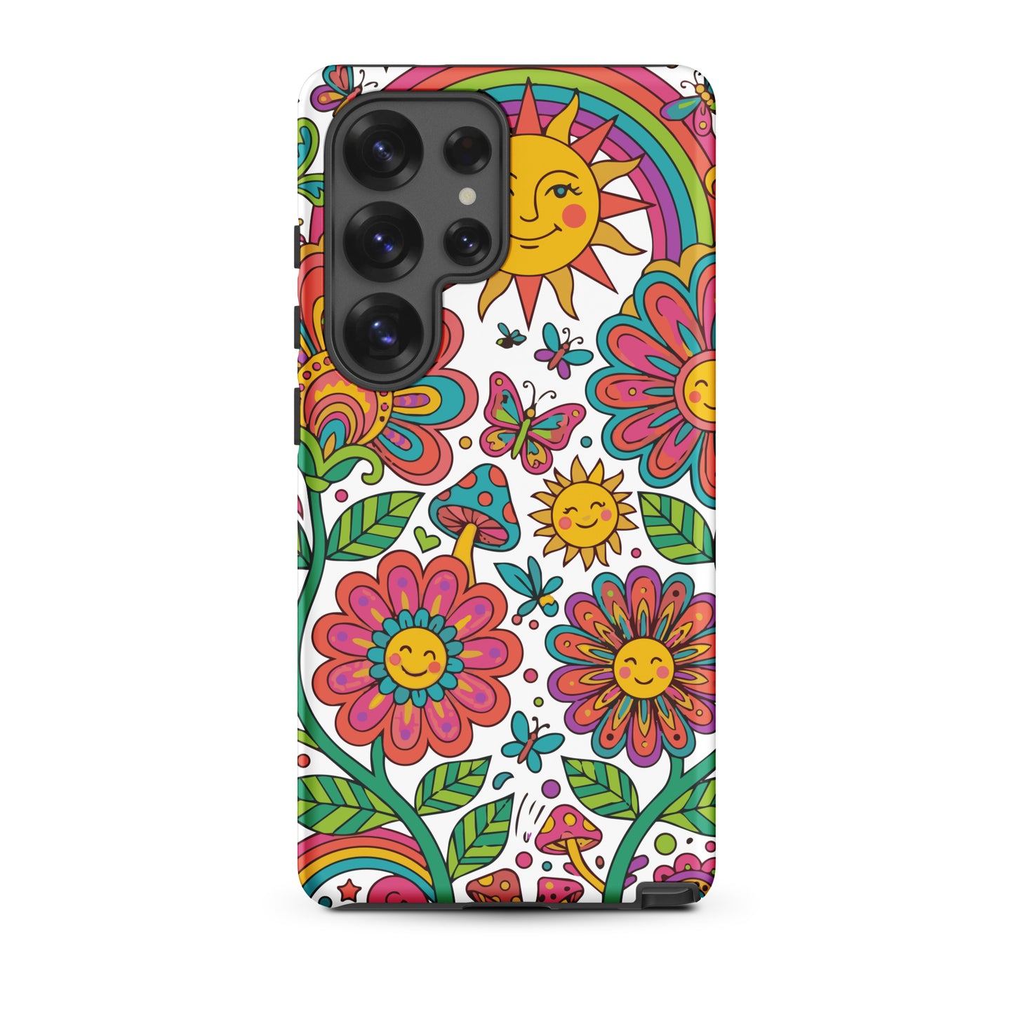 Retro 70s psychedelic style illustration with colorful smiling flowers, a happy sun, vibrant rainbows, and mushrooms.