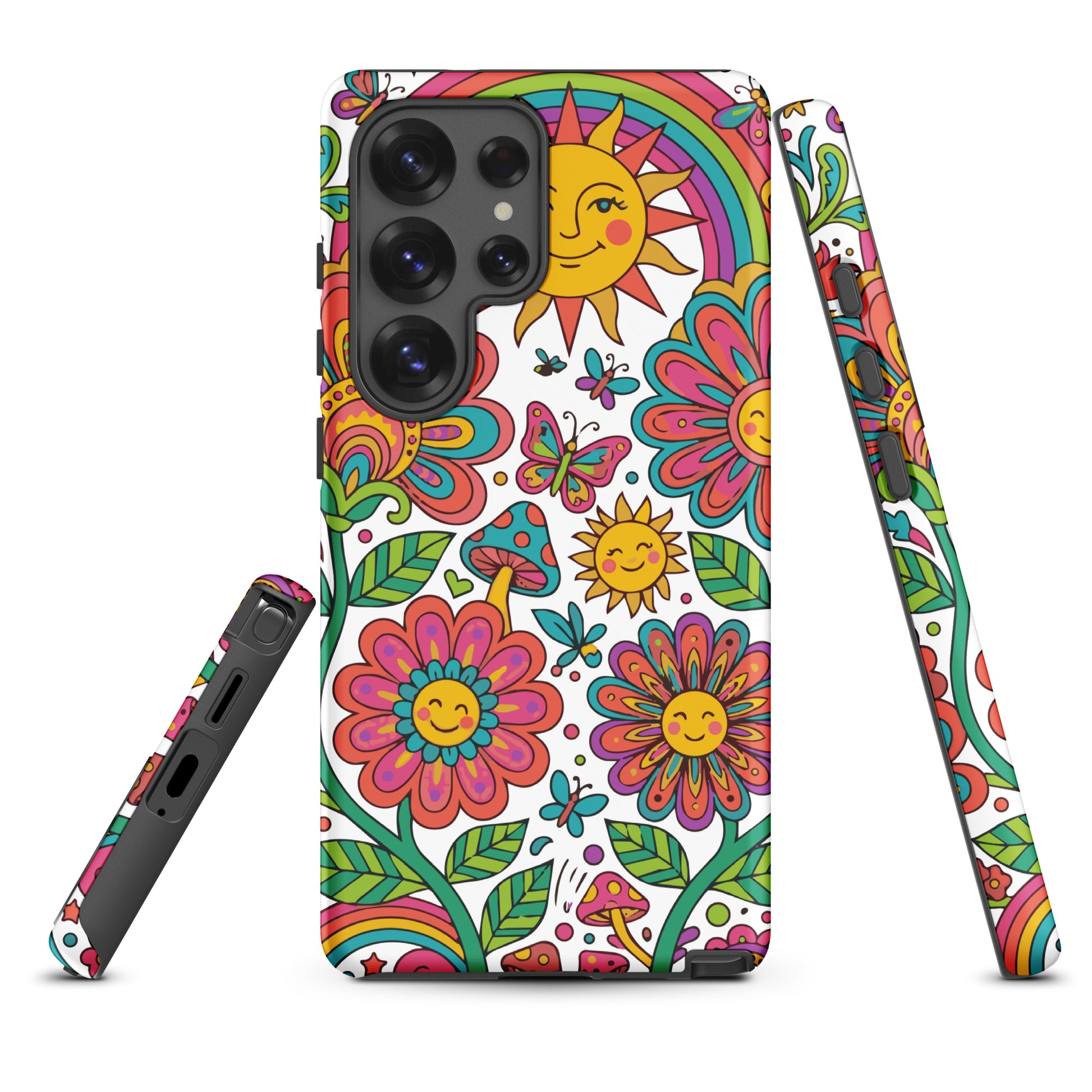 Retro 70s psychedelic style illustration with colorful smiling flowers, a happy sun, vibrant rainbows, and mushrooms.