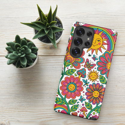 Retro 70s psychedelic style illustration with colorful smiling flowers, a happy sun, vibrant rainbows, and mushrooms.
