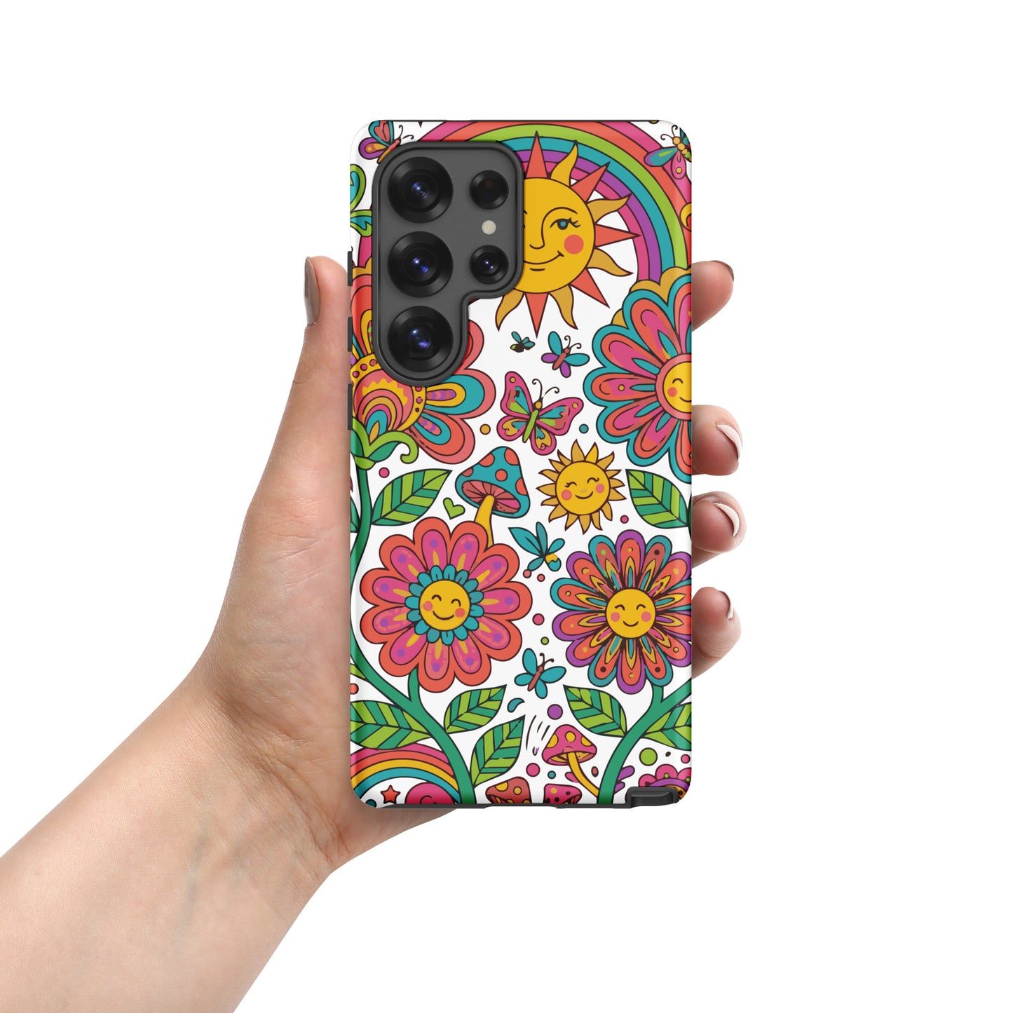 Retro 70s psychedelic style illustration with colorful smiling flowers, a happy sun, vibrant rainbows, and mushrooms.