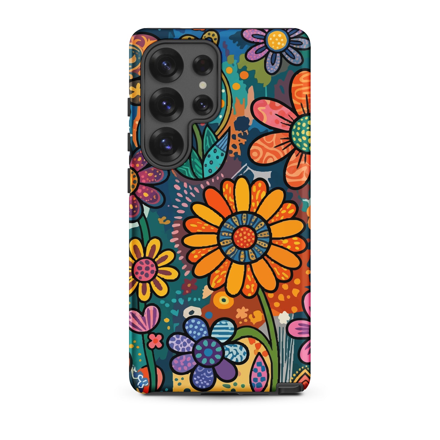Retro psychedelic TPU Samsung case featuring colorful 60s flower power patterns, vibrant hearts, and boho doodle art.