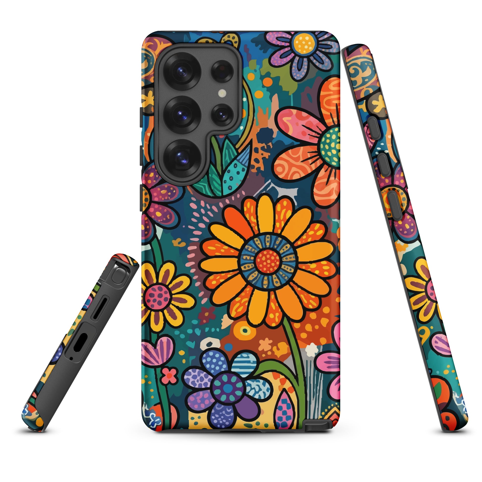 Retro psychedelic TPU Samsung case featuring colorful 60s flower power patterns, vibrant hearts, and boho doodle art.