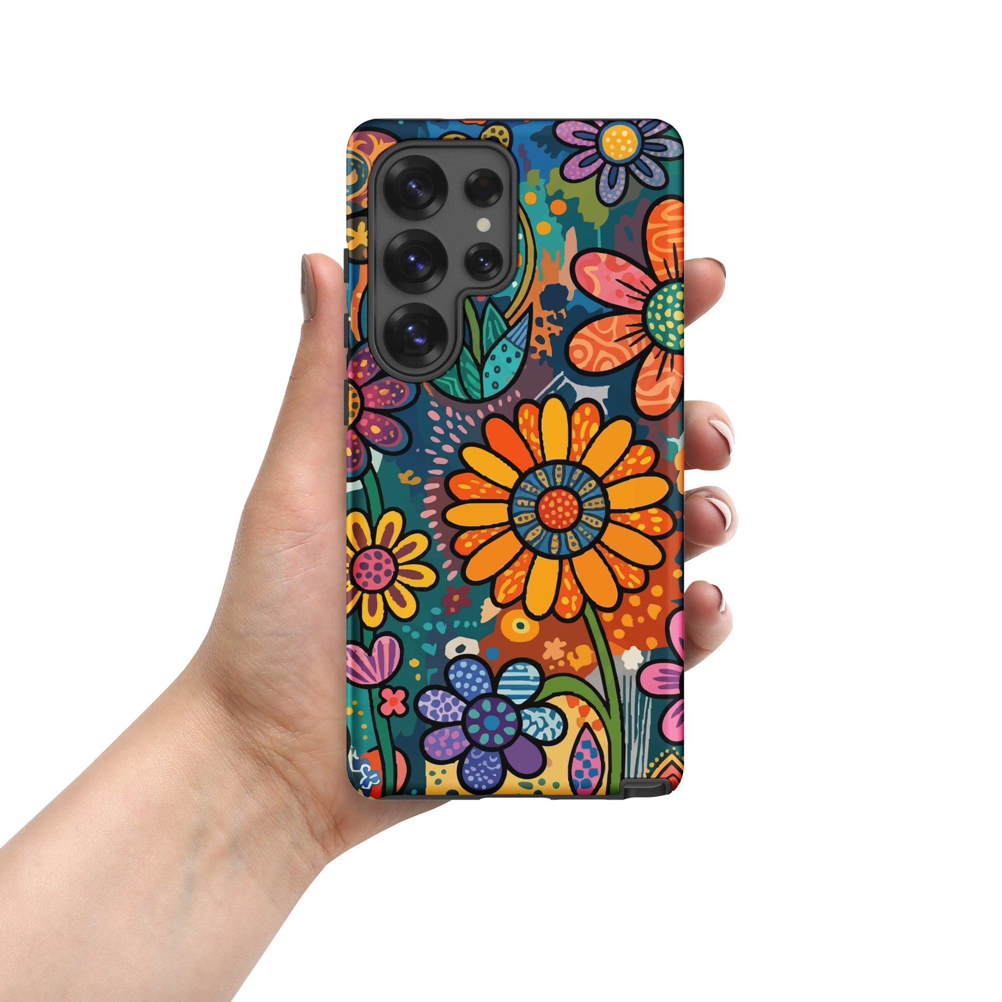 Retro psychedelic TPU Samsung case featuring colorful 60s flower power patterns, vibrant hearts, and boho doodle art.