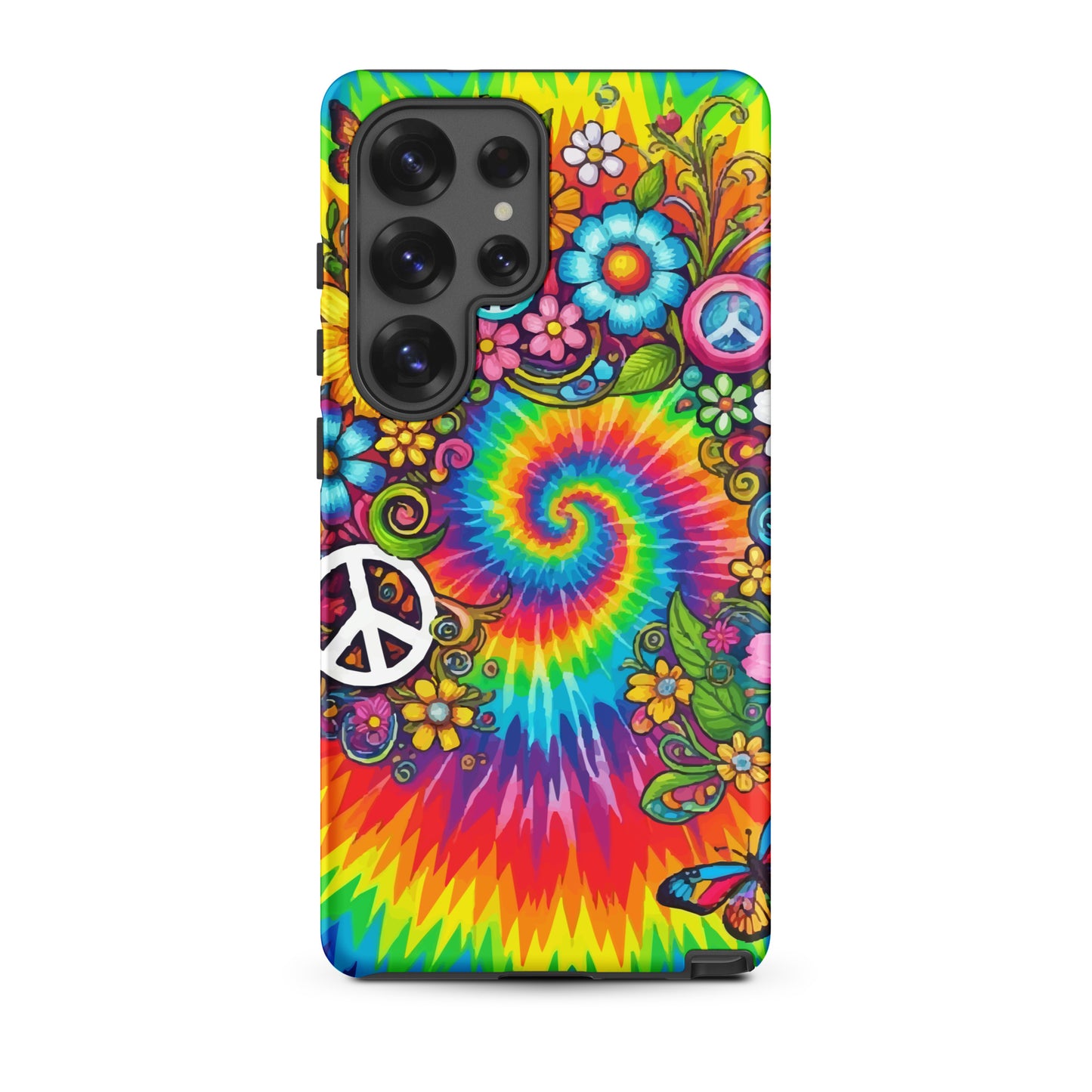 Vibrant psychedelic tie dye TPU Samsung case featuring retro floral patterns, butterflies, and white peace signs.
