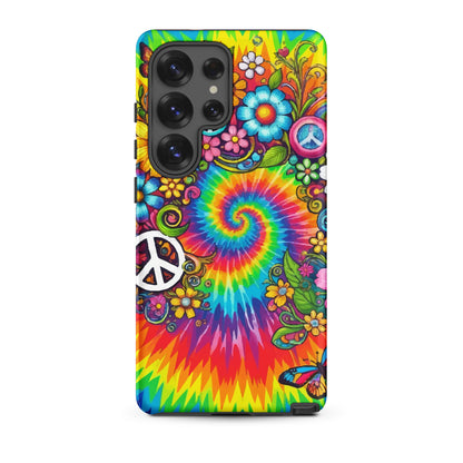 Vibrant psychedelic tie dye TPU Samsung case featuring retro floral patterns, butterflies, and white peace signs.