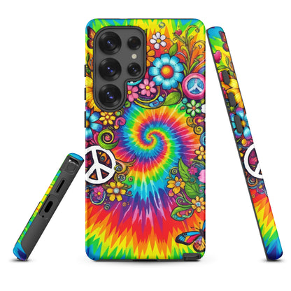 Vibrant psychedelic tie dye TPU Samsung case featuring retro floral patterns, butterflies, and white peace signs.