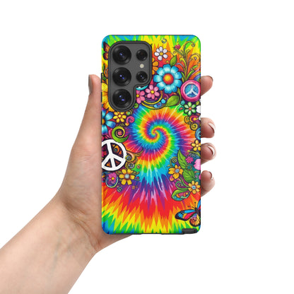 Vibrant psychedelic tie dye TPU Samsung case featuring retro floral patterns, butterflies, and white peace signs.