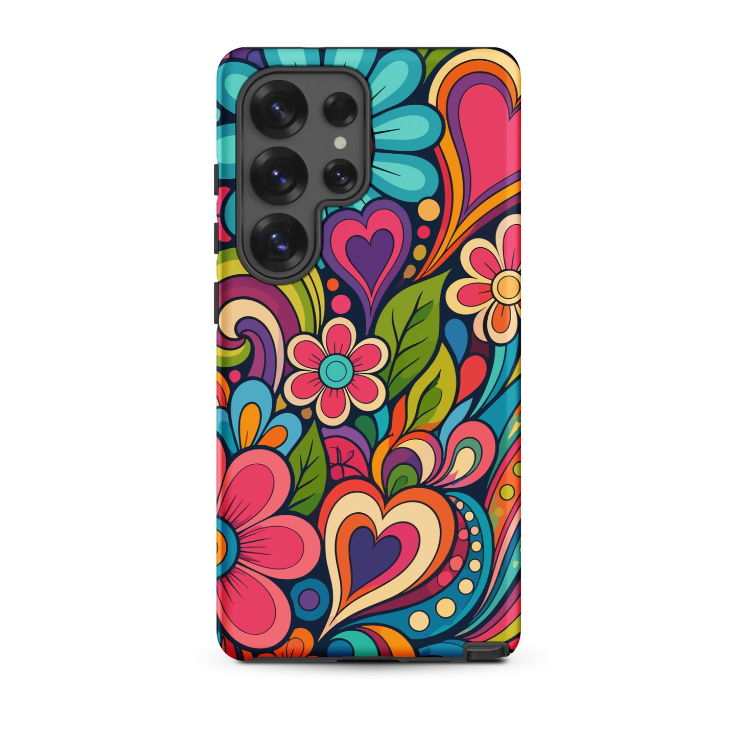 Vibrant 70s retro psychedelic pattern with colorful flowers and hearts printed on a TPU Samsung Galaxy case.