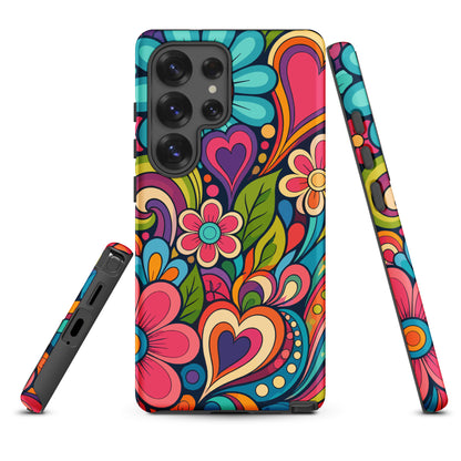 Vibrant 70s retro psychedelic pattern with colorful flowers and hearts printed on a TPU Samsung Galaxy case.