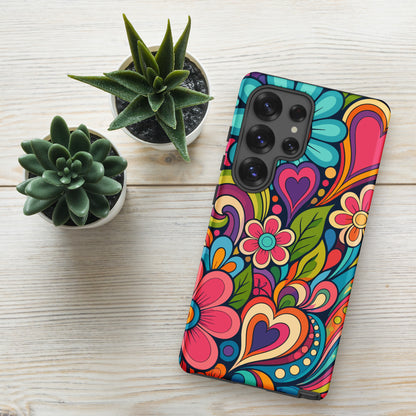 Vibrant 70s retro psychedelic pattern with colorful flowers and hearts printed on a TPU Samsung Galaxy case.