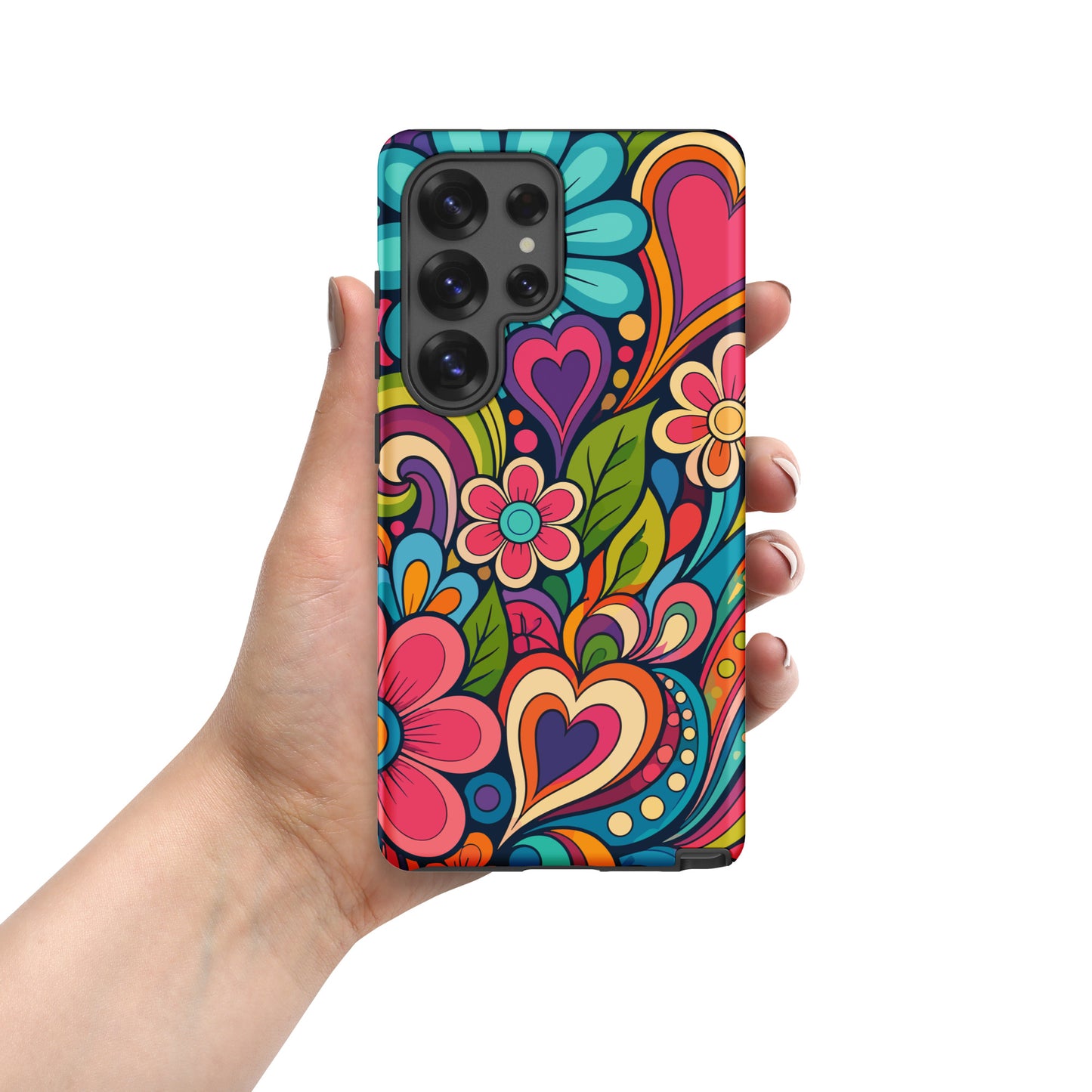 Vibrant 70s retro psychedelic pattern with colorful flowers and hearts printed on a TPU Samsung Galaxy case.