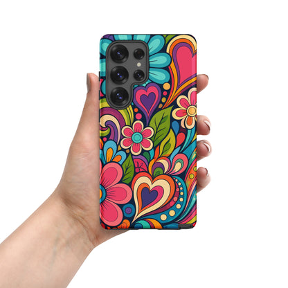 Vibrant 70s retro psychedelic pattern with colorful flowers and hearts printed on a TPU Samsung Galaxy case.