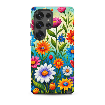 Vibrant retro flower power design featuring colorful daisies, blue, orange, and purple psychedelic boho garden artwork.
