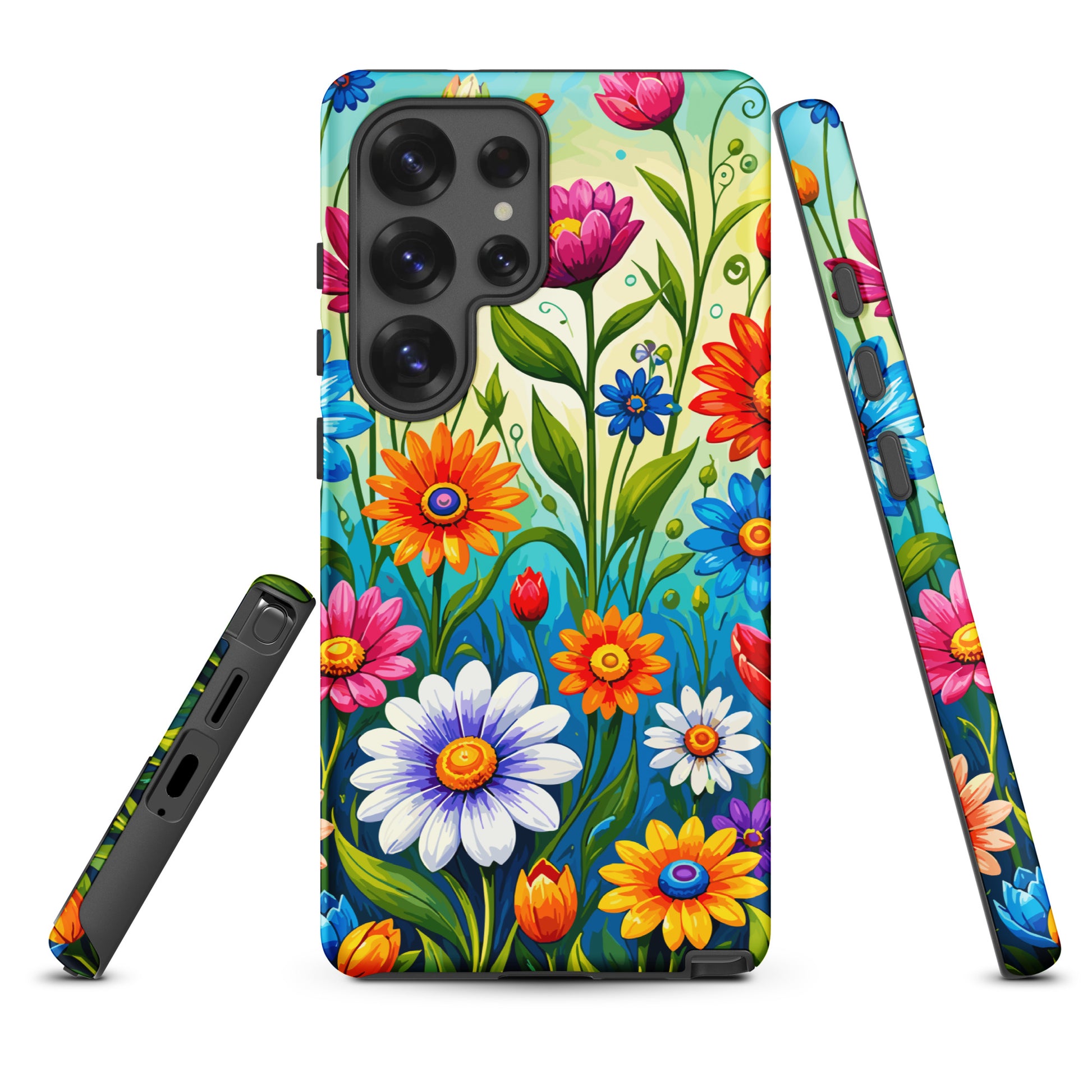 Vibrant retro flower power design featuring colorful daisies, blue, orange, and purple psychedelic boho garden artwork.